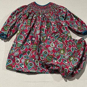 Petit Ami Bright Pink Multicolor Paisley Smocked Dress w Bloomers‎ 12M EUC